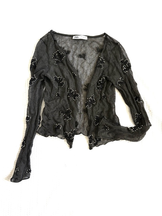 Zara Sweaters - Zara Sheer Embellished Black Mesh Open-Front Cardigan - Small